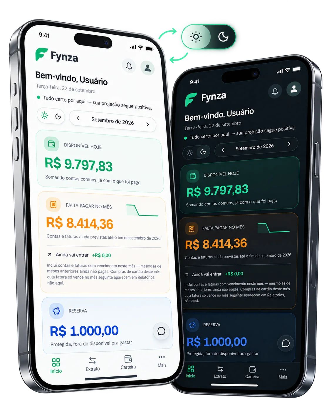 Fynza no celular nas versões clara e escura